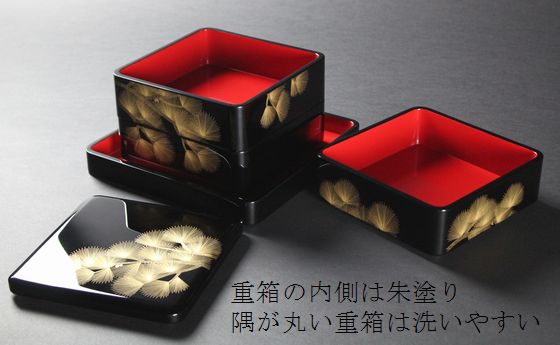 輪島塗 桐家紋 黒塗内朱塗 五段重 堅地布着 重箱