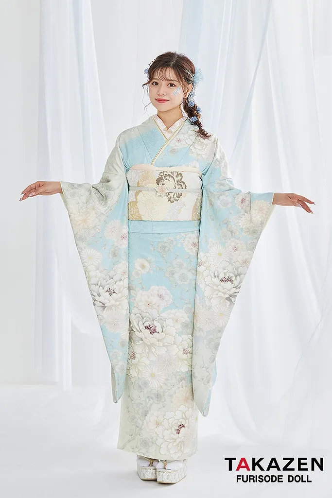 くすみカラー古典 水色/淡い色 牡丹柄 清楚 爽やか ワントーンコーデ