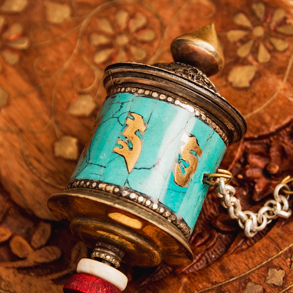 マニ車 チベット 宗教用品 チベタンターコイズとワイヤーアート装飾の