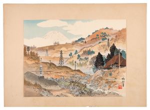 塊石版画、下曽我の梅林と富士、（富士25図の内)定石塊石画昭和6年出版