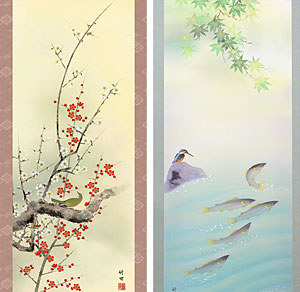 掛け軸 田能村竹田 花鳥 絹本 名品 複製 希少 軸装 茶道具 掛軸 美品