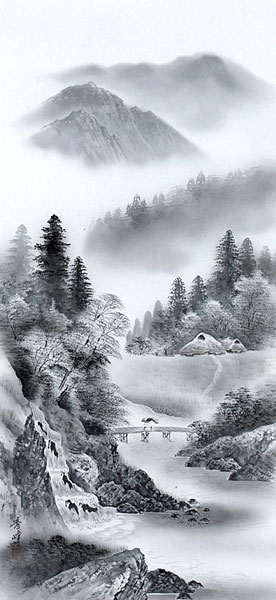 昭和レトロ 水墨画 墨絵 山水画 山水図 風景画 掛け軸 壁掛け 壁飾り
