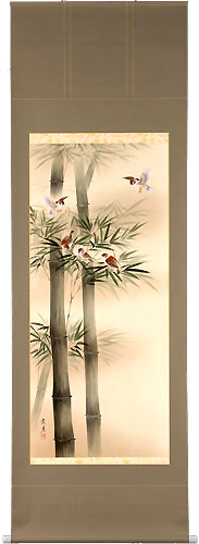 真作】 名品 2尺大幅 掛け軸「薔薇と雀の図」藤田苔石