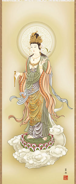 宏斎画肉筆画 紙本掛軸 【 雲上観音図 】 軸先仏具軸 良品桐箱付 宏斎