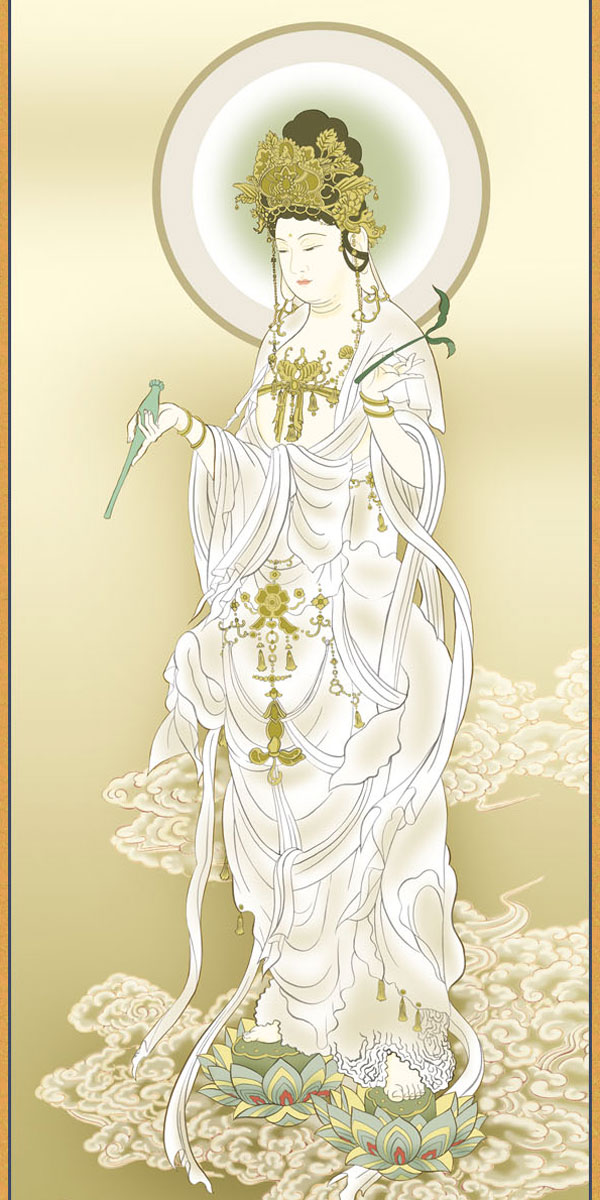 真作】掛軸 慈愛の白衣観音 清らかな救済の姿 蓮華に立つ観音