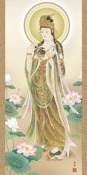 版画】掛軸 圓光観音像 仏画 仏教美術 年代物 時代物 彩色 紙本 箱無