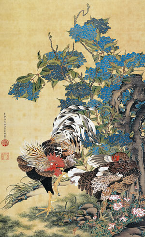 美品 掛け軸 伊藤若冲・有馬頼底合作「葡萄栗鼠・芦花翡翠」2本セット