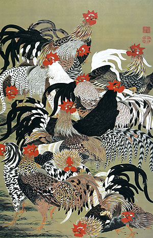 掛軸 弓家恒畝（ゆやこうほ）肉筆 群鶏図 自筆共箱 軸先は鹿角 掛軸 弓