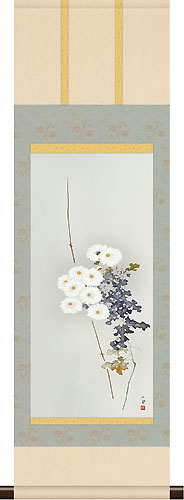 有名作家の掛け軸 竹内栖鳳作 白菊【本格ミニ掛軸】ミニサイズ ミニ掛軸