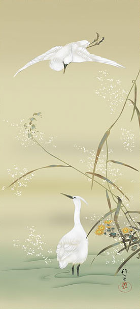 専用商品 掛け軸 桜井浩堂 月下白鷺之図 絹本 希少 軸装 茶道具 掛軸