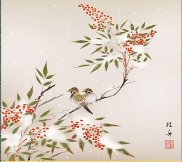 花鳥の掛け軸 長江桂舟作 南天に雀