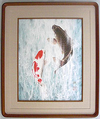 美品 掛け軸 広森耕仁作 夫婦鯉の滝登り図 共箱 太巻き付 美術年鑑掲載