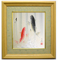 手書き油絵 鯉の滝登り 額付 絵画 インテリア 開運 金運 風水 手書き