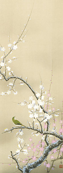 花鳥の掛け軸 北条静香作 紅白梅に鶯