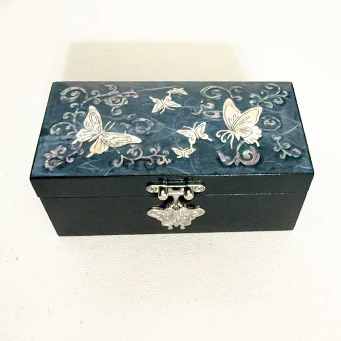 螺鈿細工 宝石箱 小物入れ 青に螺鈿の上品な輝き 蝶の 韓国伝統工芸