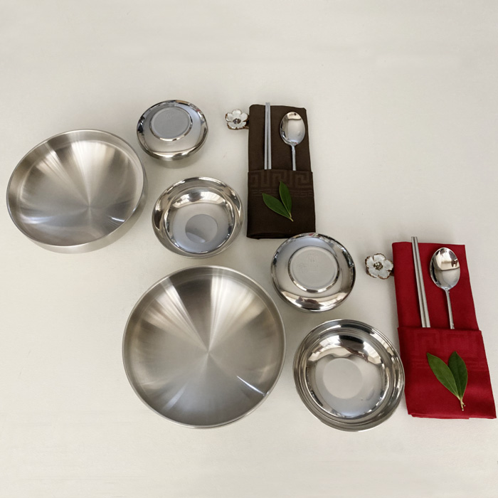 韓国ステンレス2重冷麺器+ステンレス茶碗+箸置きセット2人用 14ピース