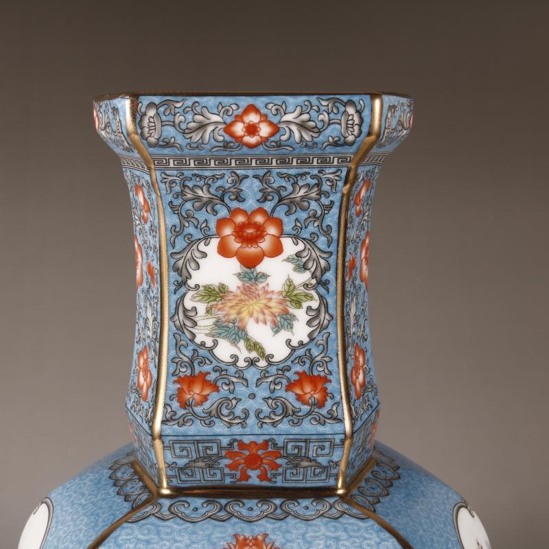 乾隆琺瑯彩花鳥紋六稜賞瓶 景徳鎮 陶磁器 装飾品 現代工芸品 美術品