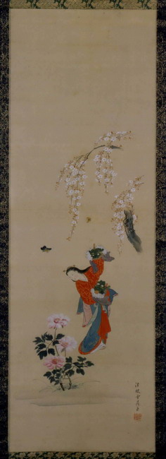 掛軸 雪洲 美人画 落款あり 桃の花 雪洲散史 彩色画 日本画