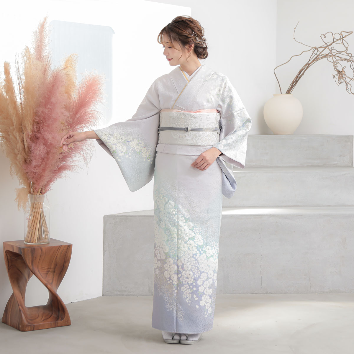 LULU106 着物 付け下げ 袷 着丈158 紬 訪問着：H1289 桂由美 薄藤 枝垂れ桜