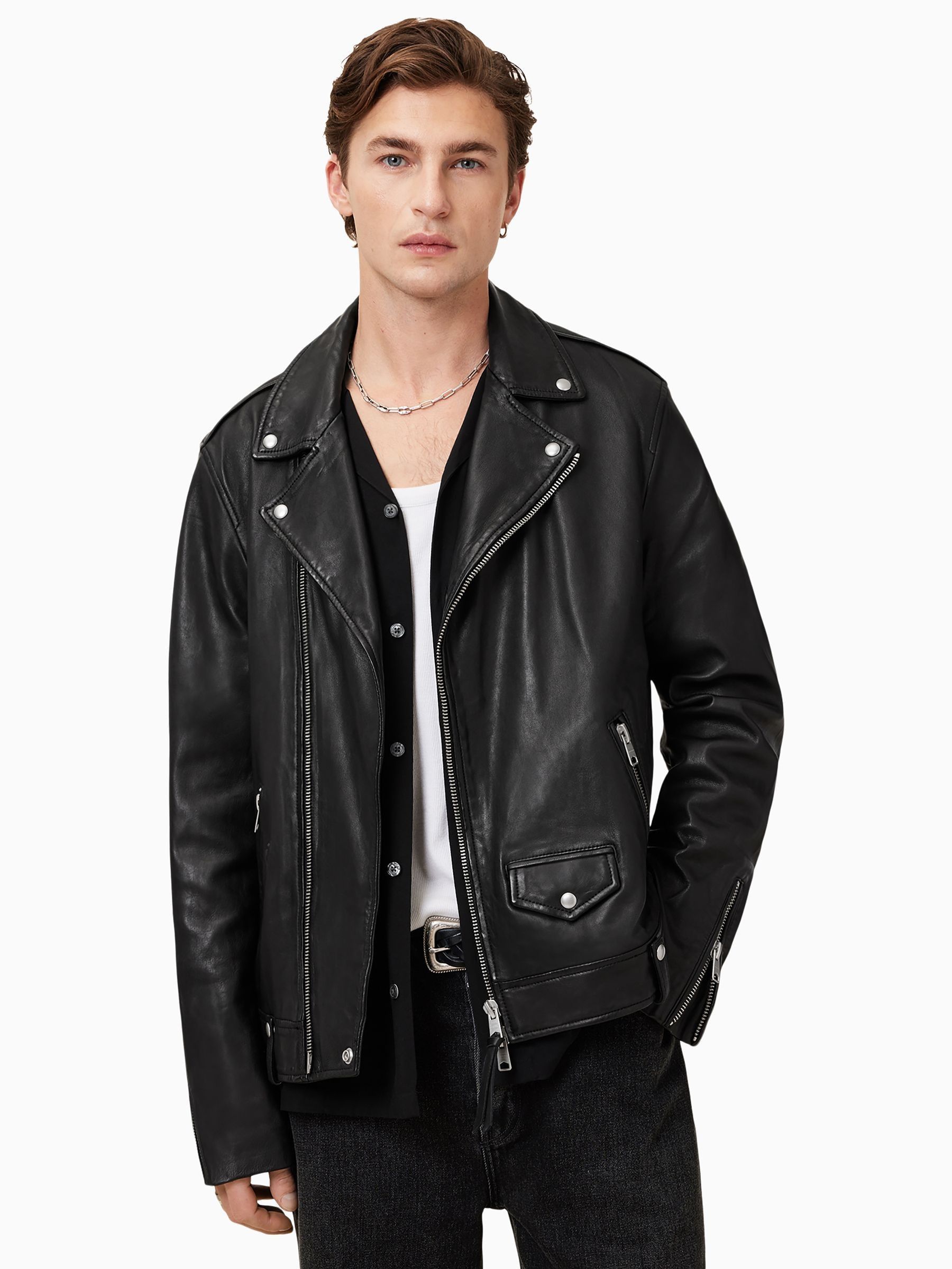 Buy AllSaints Black Milo Black Asymmetric Zip Leather Biker Jacket
