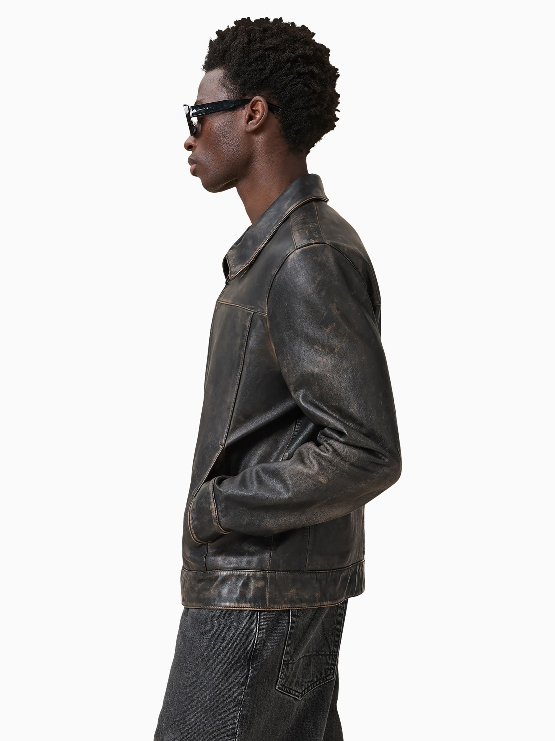 Buy AllSaints Black Alkan Black Collared Zip Up Two Tone Leather