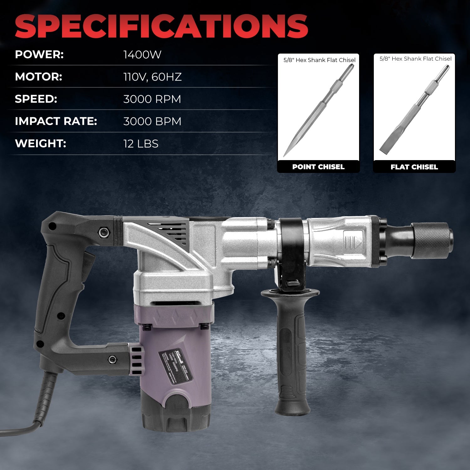 XtremepowerUS Electric 1400W Demolition Jack Hammer w/ Point Chisel Bi