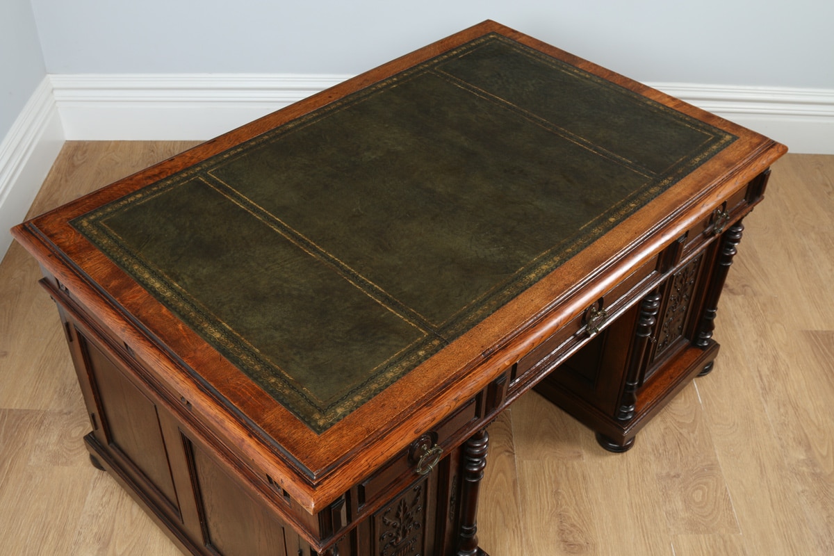 Antique French 5ft 2⅝” Oak & Leather Carved Partners Pedestal