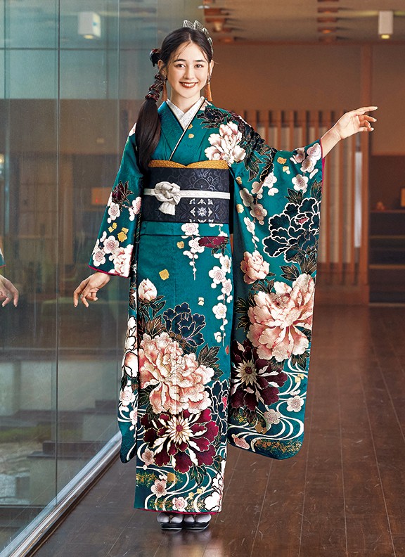 青緑色 花柄 振袖 帯 成人式 青緑色 花柄 振袖 帯 成人式