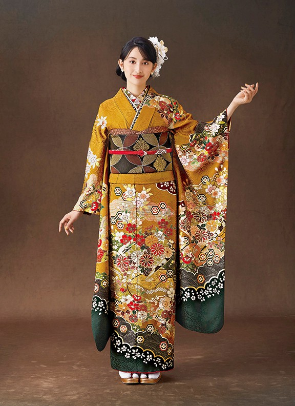 からし色シックな菊の柄の振袖フルセット