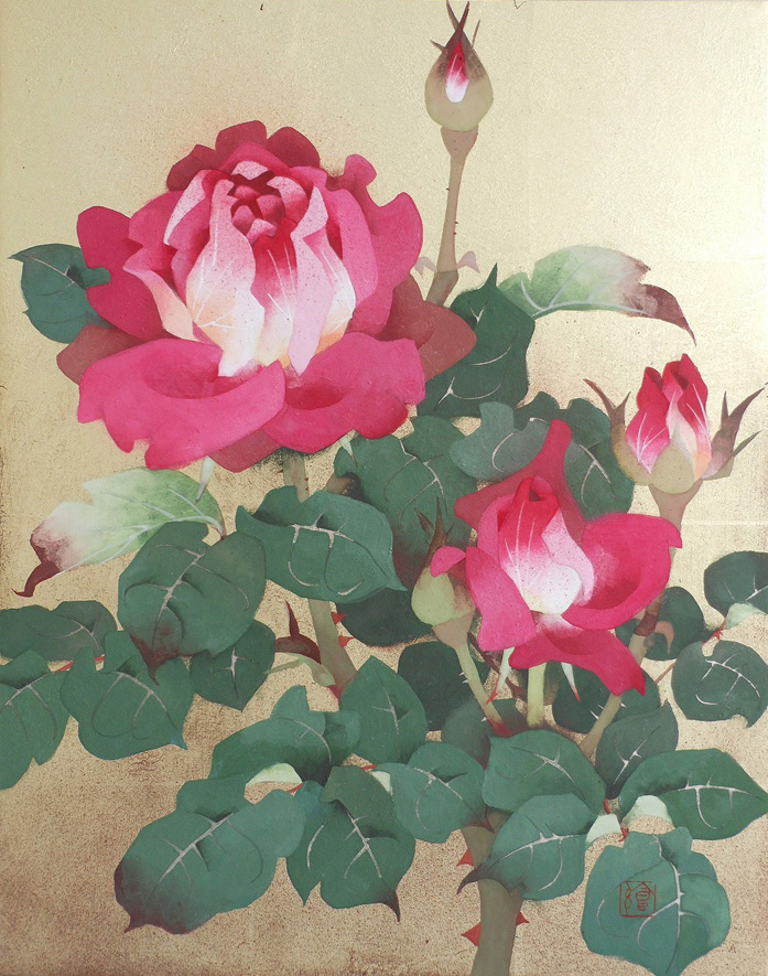湯口絵美子日本画 薔薇ノ花サク（ブルー・バユー） 湯口絵美子日本画