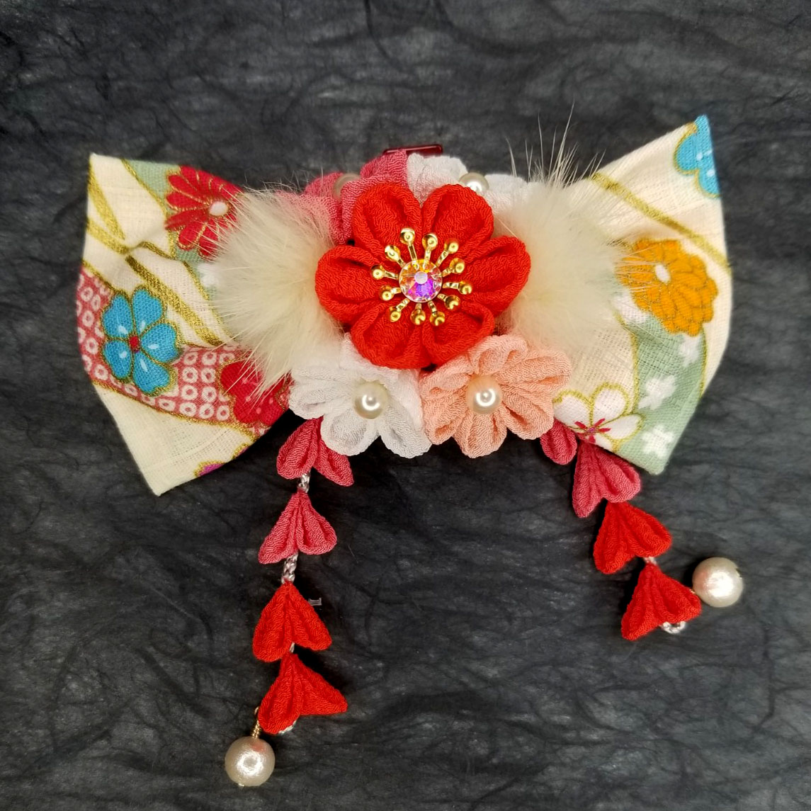 chachamalお正月、つまみ細工リボン(赤③)わんちゃん猫ちゃん用首輪