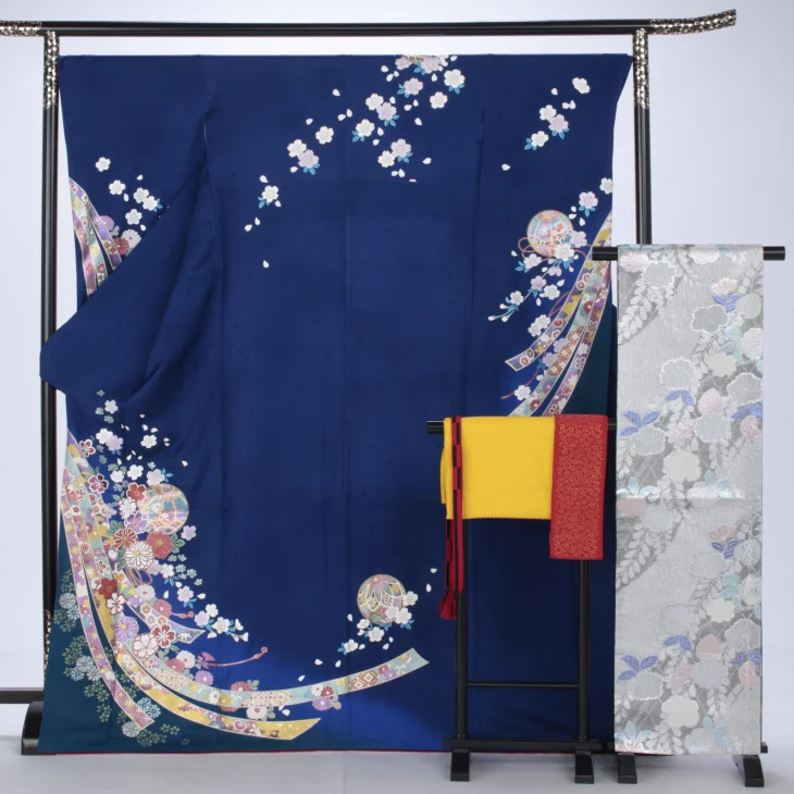 f1019013r】【青・紺系】振袖 レンタル フルセット Lサイズ 【状態:A