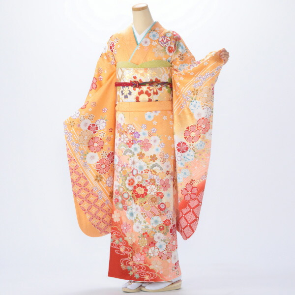 f0420030r】【ピンク・オレンジ系】振袖 レンタル フルセット Mサイズ