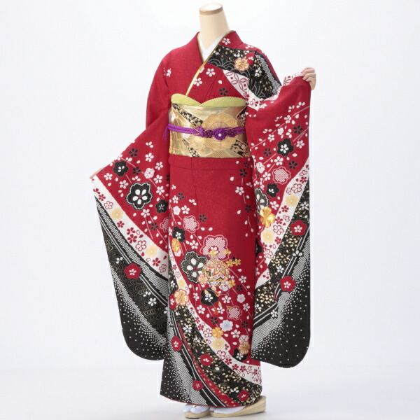f0920118r】【赤・ワイン系】振袖 レンタル フルセット Lサイズ 【中古