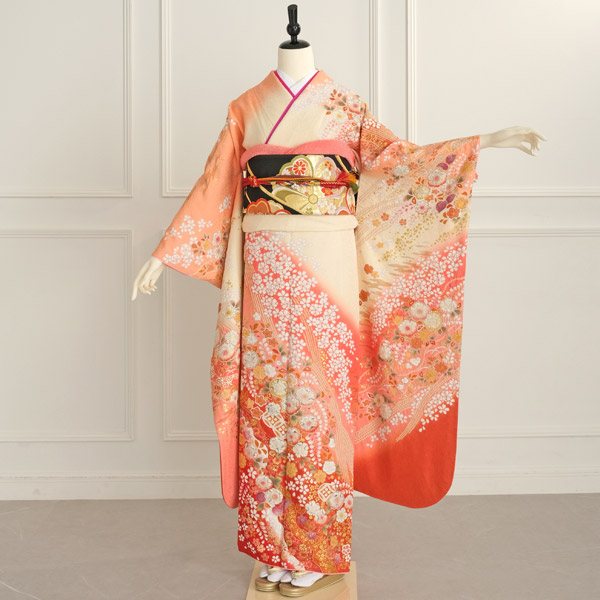 格安！ 振袖フルセット 9点 成人式 結婚式 前撮り ホワイト オレンジ