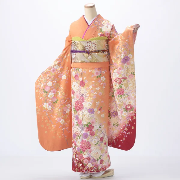 f0520124r】【ピンク・オレンジ系】振袖 レンタル フルセット Lサイズ
