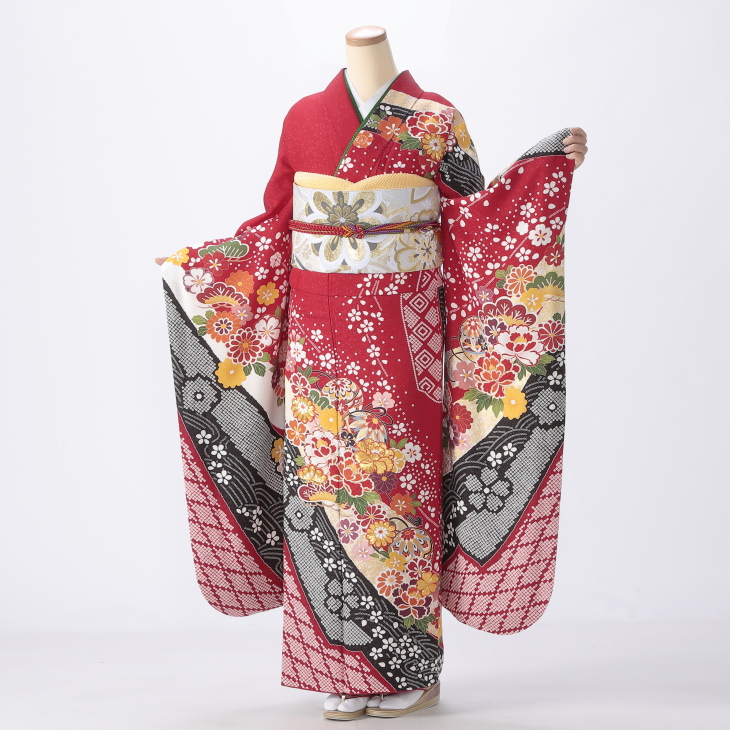 成人式 振袖 フルセット 本友禅 赤系の花柄 成人式 振袖 フル