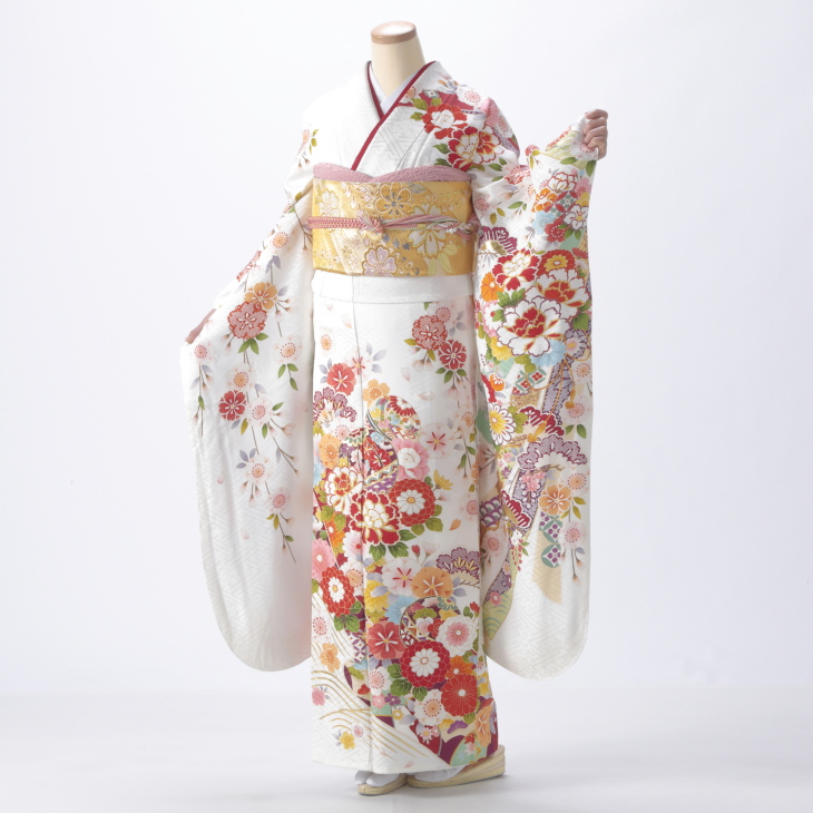 ☆中古品☆振袖 単品 正絹 白系花模様B級品キズ・汚れ有り