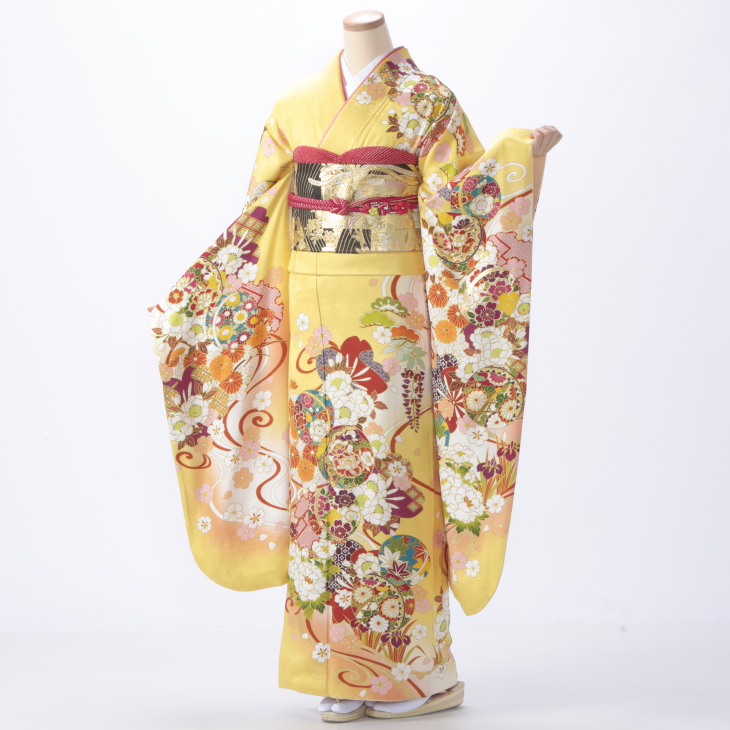 f0519290r2】【からし・黄系】振袖 レンタル フルセット Mサイズ