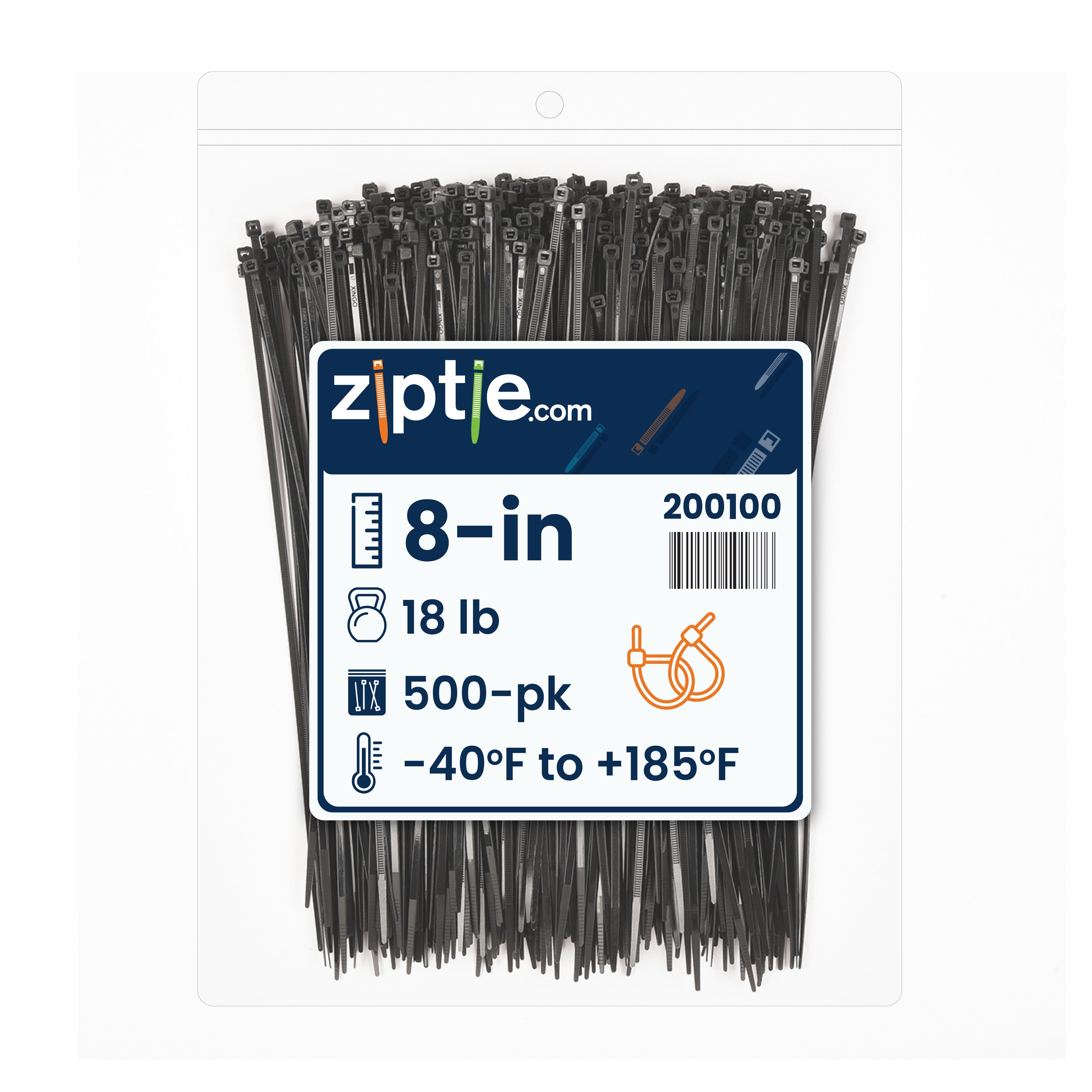 8-Inch Black Multi-Purpose Zip Tie, 18-lb Strength, UL 21 Listed