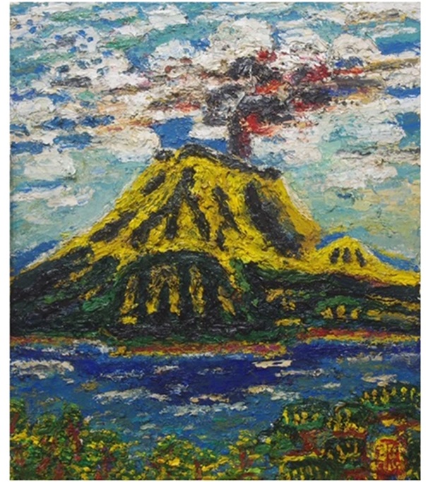 西村功 「 車を引く赤帽」F3号 油彩