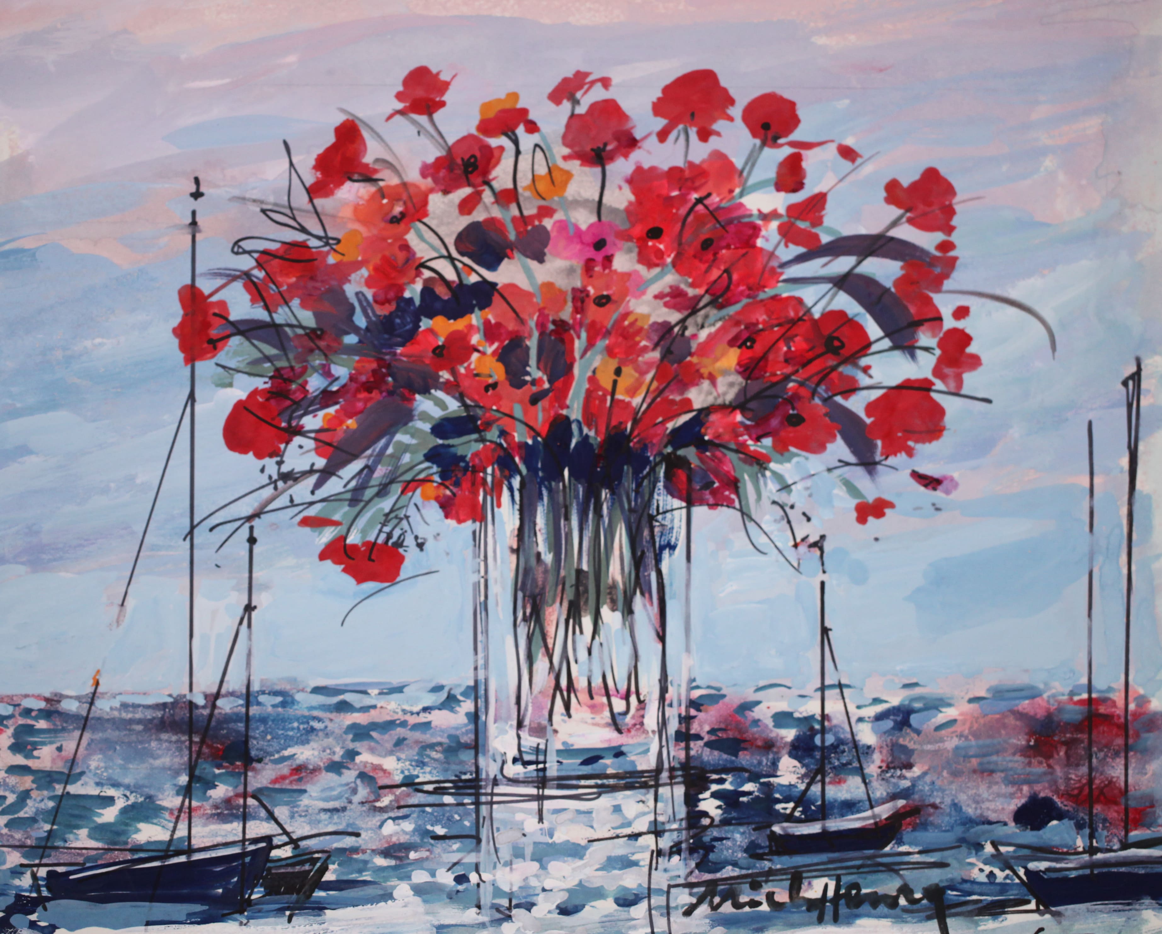 ミッシェル・アンリ 【帆船とブーケ】グアッシュ＝不透明水彩絵画【額