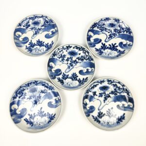 藍古九谷 柴垣に菊花の図 五寸皿 藍古九谷 柴垣に