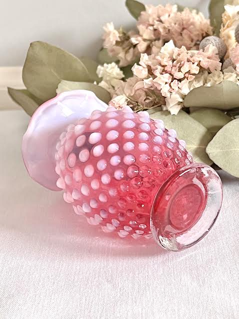 フェントン製 ホブネイル クリアピンクホワイトガラス フリル花瓶