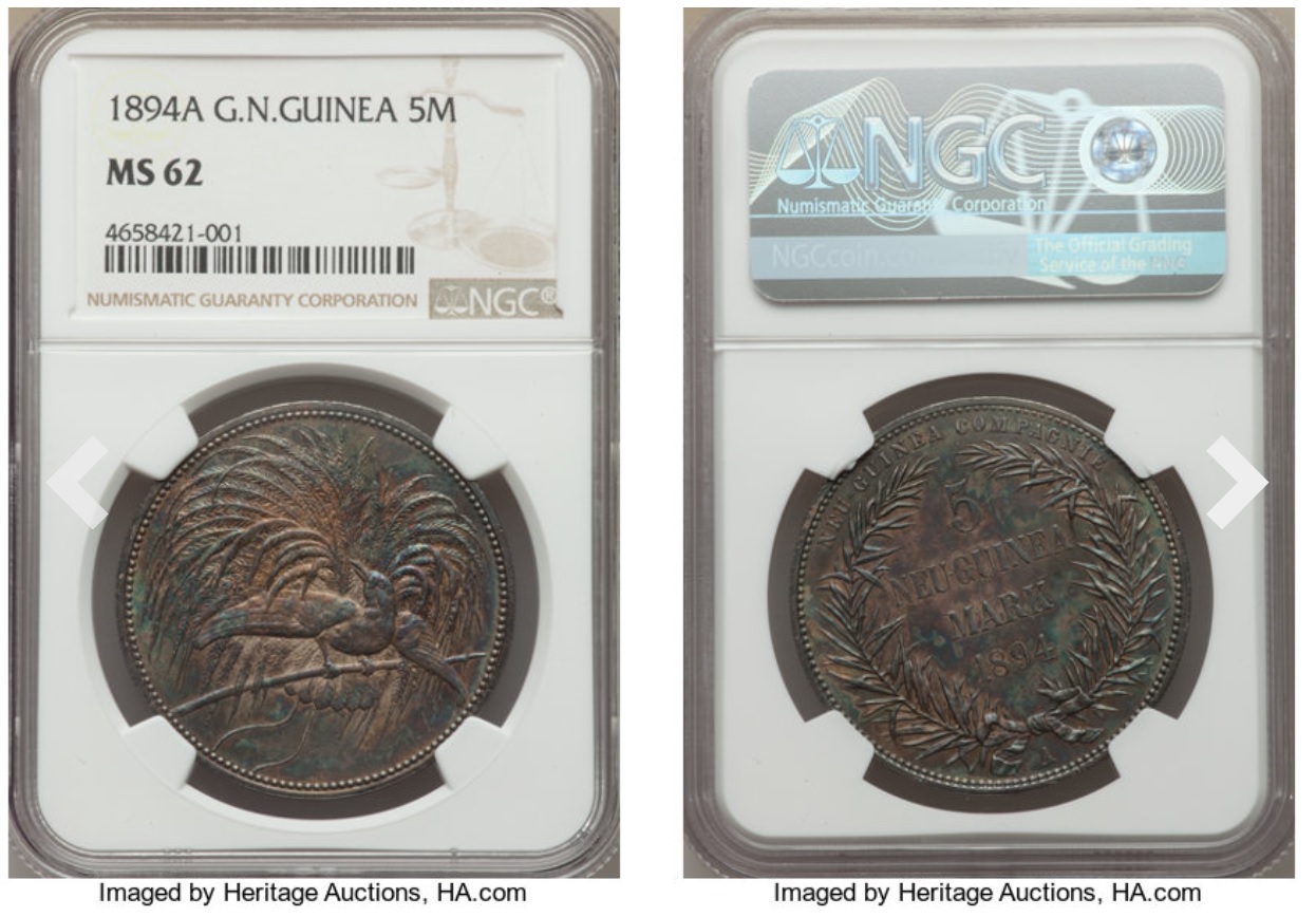 ドイツ領ニューギニア 1894年 極楽鳥 5マルク銀貨 【MS64