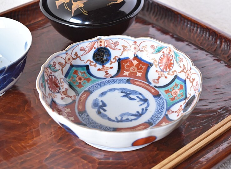 小皿 3枚 梅文様 花弁縁 染付 色絵付 茶縁 南州 明治 大正 小皿 3枚 梅