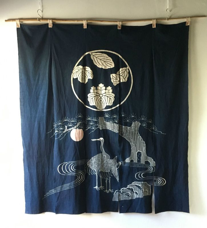 筒描き手染め暖簾【渦潮】麻のれん 巾80×181cm 本染 一点物