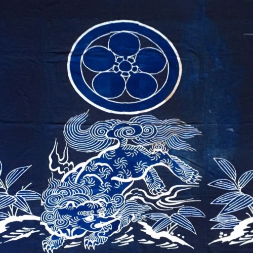 藍染筒描き四巾風呂敷時代物木綿古布 ア-4-130 筒描 - 生活骨董