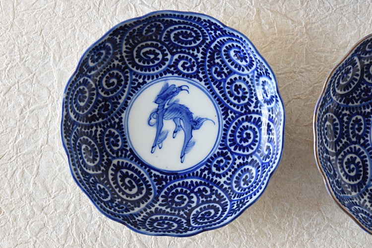 印判中皿2枚 FLOWBLUE 赤絵金彩 花唐草文様 ベロ藍伊万里 銅版転写染付