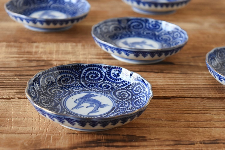 伊万里 染付 蛸唐草麒麟 輪花型小皿 6枚セット ベロ藍 - 生活骨董と